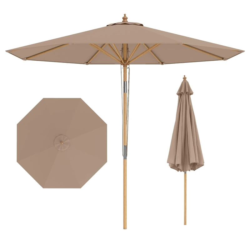 FANTASK Parasol 270 cm, Garden Umbrella, 30° Bendable on Both Sides, Wooden Balcony Umbrella, Patio Umbrella, Market Umbrella for Garden, Balcony, Patio (Khaki Tan) - Image 1