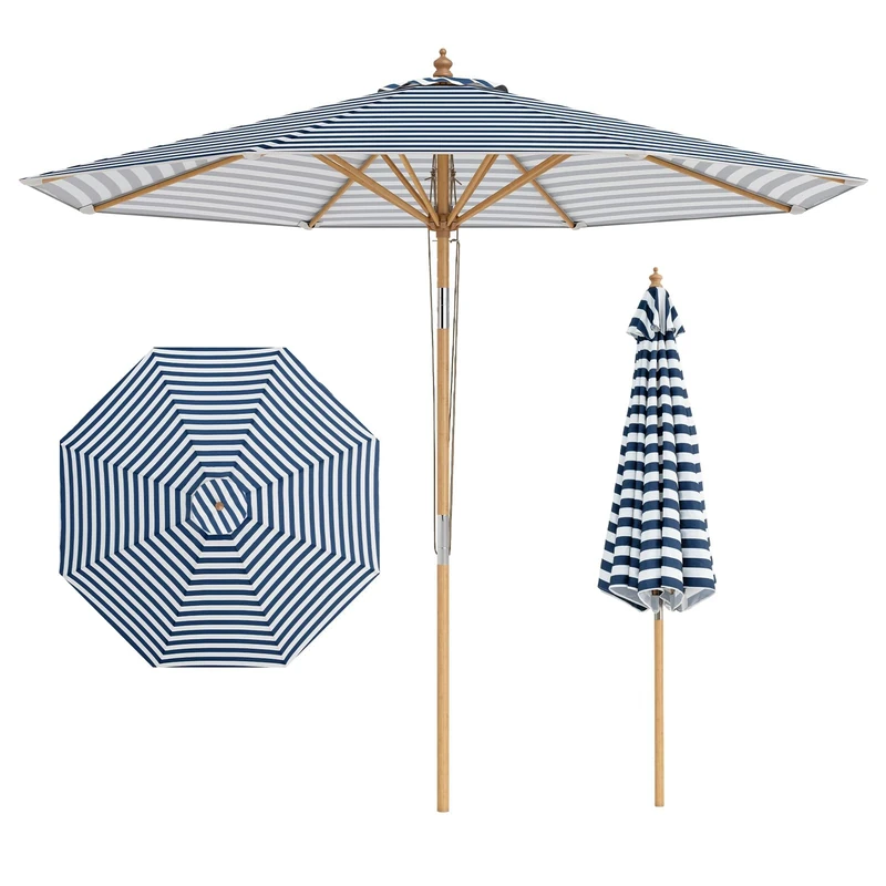 FANTASK Parasol 270 cm, Garden Umbrella, 30° Bendable on Both Sides, Wooden Balcony Umbrella, Patio Umbrella, Market Umbrella for Garden, Balcony, Patio (Blue + White)