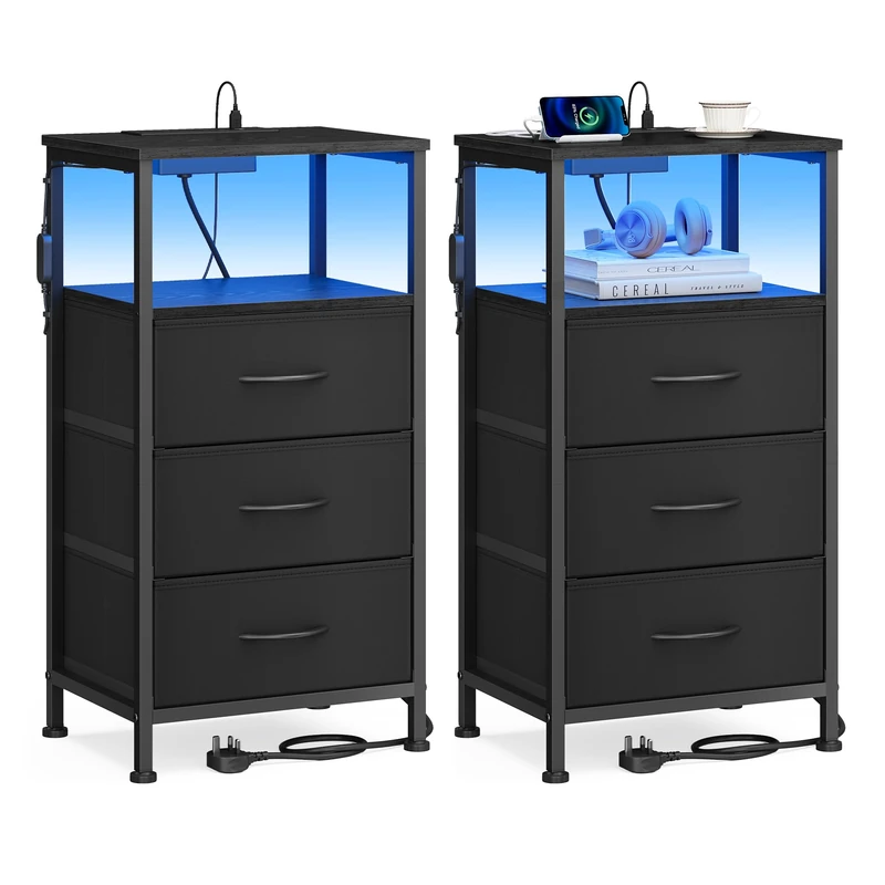SONGMICS BELLAH Collection - Bedside Table with Charging Station, Side End Table with App-Controlled Adjustable LED Lights, Modern, 1 Shelf, 3 Drawers, Set of 2, Ink Black LGS203B103 - Image 1