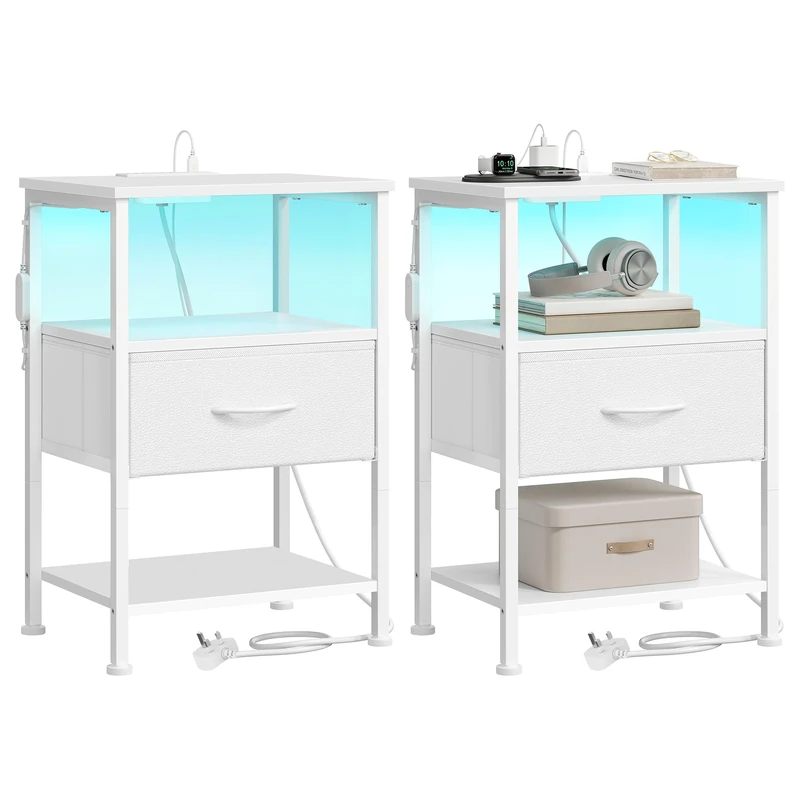 SONGMICS BELLAH Collection - Bedside Table with Charging Station, Side End Table with App-Controlled Adjustable LED Lights, Modern, 2 Shelves, 1 Drawer, Set of 2, Cloud White LGS201W103 - Image 1