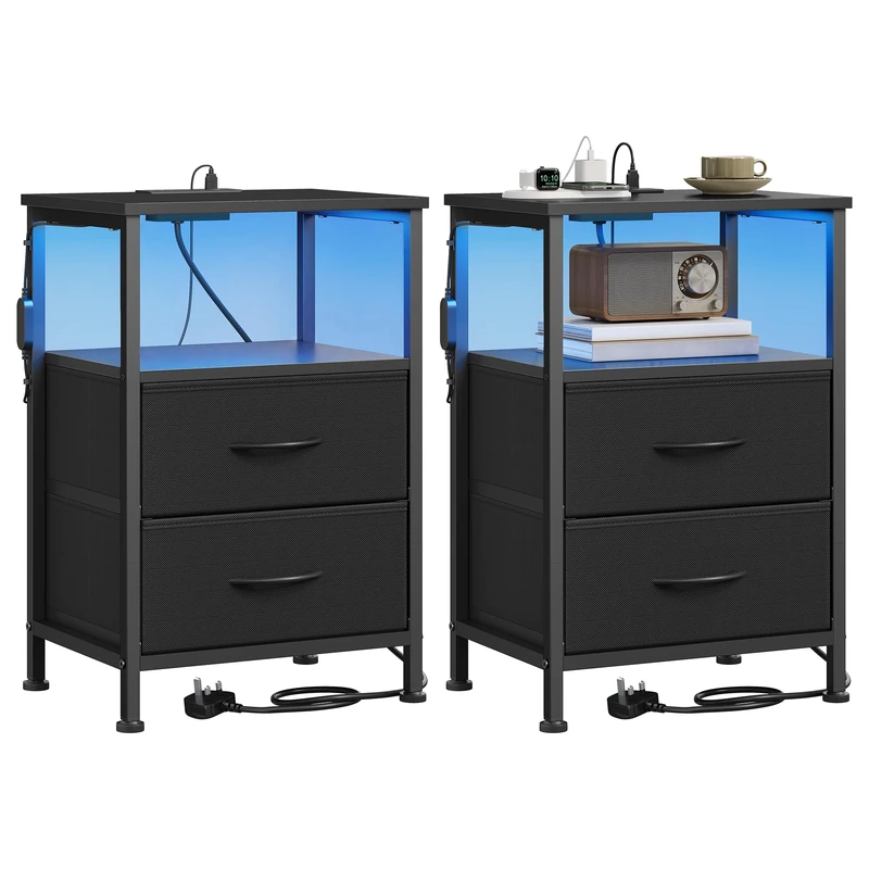 SONGMICS BELLAH Collection - Bedside Table with Charging Station, Side End Table with App-Controlled Adjustable LED Lights, Modern, 1 Shelf, 2 Drawers, Set of 2, Ink Black LGS202B103