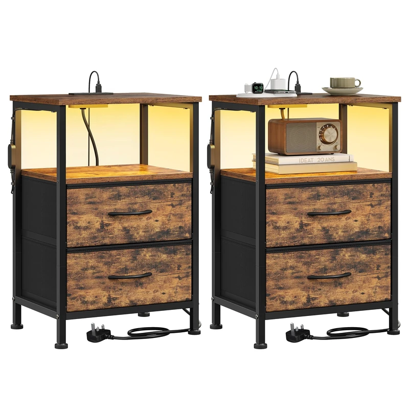 SONGMICS BELLAH Collection - Bedside Table with Charging Station, Side End Table with App-Controlled Adjustable LED Lights, Modern, 1 Shelf, 2 Drawers, Set of 2, Rustic Brown LGS202K103