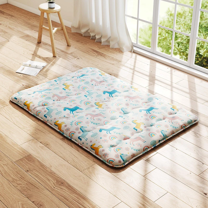 RELAX4LIFE Japanese Floor Mattress, 10cm Thick Folding Roll Up Futon Mattress Sleeping Pad with Washable Cover & Carry Bag, Tatami Mat Lounger Bed Mattress for Camping (Colorful Unicorn, Small Double)