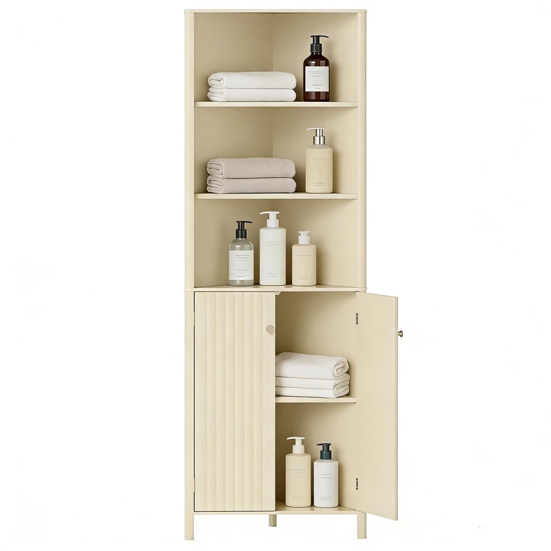 RELAX4LIFE Bathroom Tall Cabinet, Wooden Triangle Storage Cupboard with 3 Open Shelves & Doors, Freestanding Space Saving Corner Cabinet for Living Room Kitchen Entryway (Beige, 58 x 32 x 172cm)