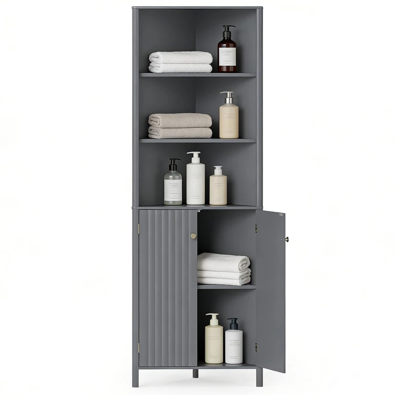 RELAX4LIFE Bathroom Tall Cabinet, Wooden Triangle Storage Cupboard with 3 Open Shelves & Doors, Freestanding Space Saving Corner Cabinet for Living Room Kitchen Entryway (Grey, 58 x 32 x 172cm)