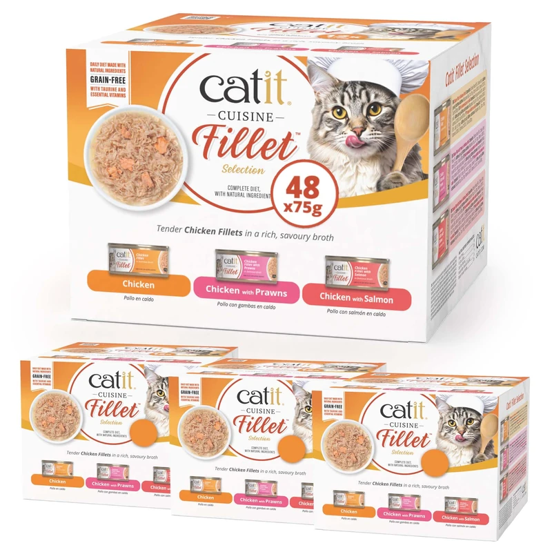 Catit Cuisine Fillet, Chicken Fillet Variety Pack in Broth, Grain Free Wet Cat Food for Adult Cats, High Meat Tinned Cat Food in Broth 4 x 12 Pack