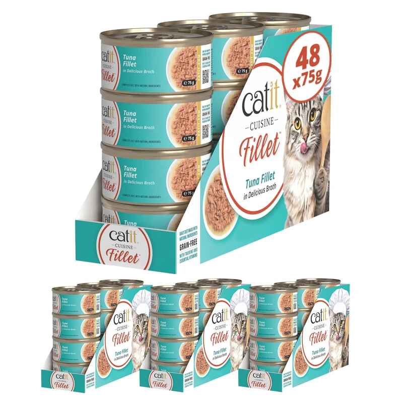 Catit Cuisine Fillet, Real Tuna Fillet in Broth, Grain Free Wet Cat Food for Adult Cats, High Meat Tinned Cat Food in Broth 4 x 12 pack