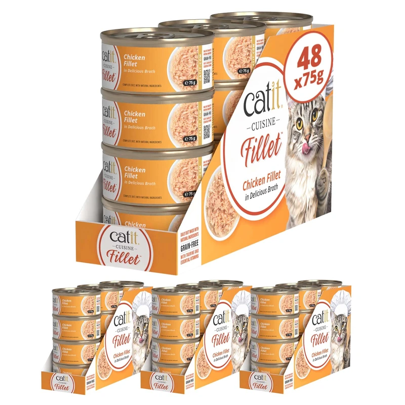 Catit Cuisine Fillet, Real Chicken Fillet in Broth, Grain Free Wet Cat Food for Adult Cats, High Meat Tinned Cat Food in Broth 4 x 12 pack