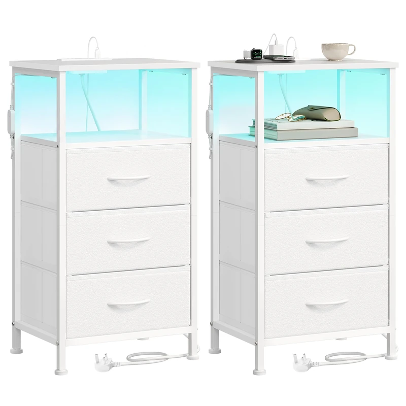 SONGMICS BELLAH Collection - Bedside Table with Charging Station, Side End Table with App-Controlled Adjustable LED Lights, Modern, 1 Shelf, 3 Drawers, Set of 2, Cloud White LGS203W103 - Image 1