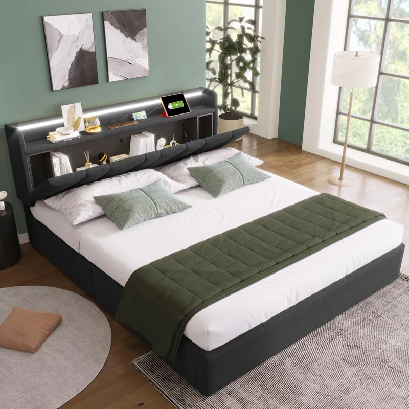 Ball & Cast Upholstered Double Bed with USB charging function, storage headboard and LED lighting, 4ft6 Double Bed storage bed frame(135x190cm), Wooden Slatted Frame, Grey (Without Mattress)
