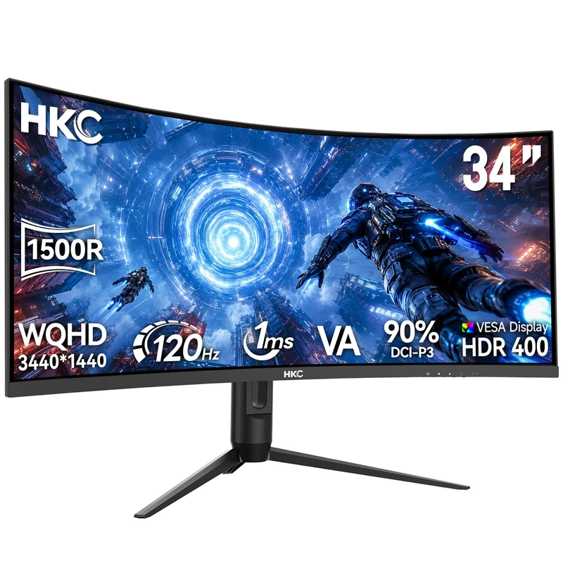 HKC 34 Inch Curved UWQHD Gaming Monitor, 120Hz 3440x1440 1500R VA Panel, MPRT 1ms, HDR400, 90% DCI-P3, Height/Swivel/Tilt Adjustable, 75x75mm VESA, HDMI 2.0, DP 1.4 V3419US