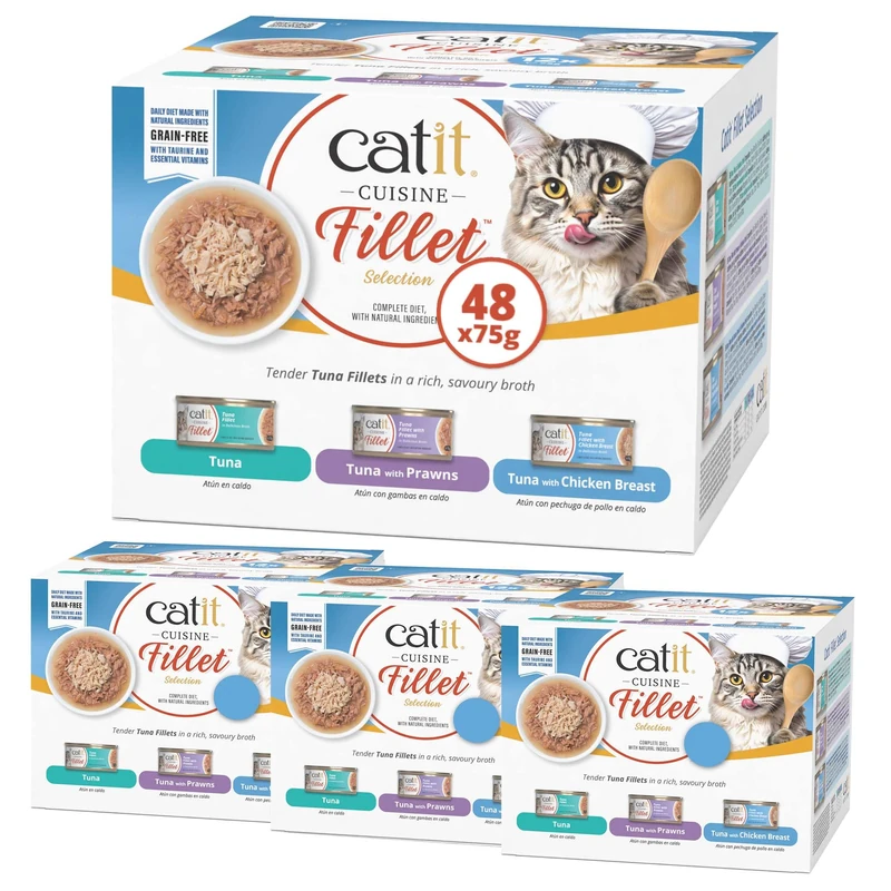 Catit Cuisine Fillet, Tuna Fillet Variety Pack in Broth, Grain Free Wet Cat Food for Adult Cats, High Meat Tinned Cat Food in Broth 4 x 12 Pack