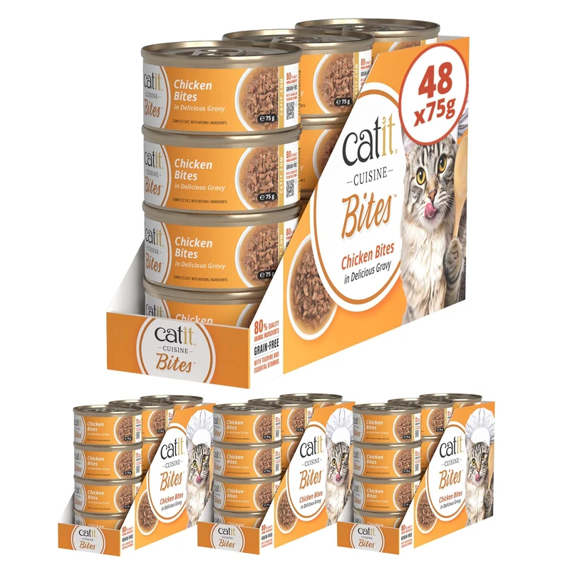 Catit Cuisine Bites, Chicken Bites in Gravy, Grain Free Wet Cat Food for Adult Cats, High Meat Tinned Cat Food in Gravy 4 x12 pack
