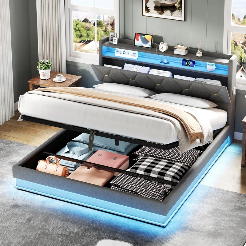 Ball & Cast King Size Bed Frame with Storage, Ottoman Upholstered Bed Frame with Headboard Storage & Hydraulic, 5ft Linen Bed Frame with LED-Lighting & Charging-Station, 150x200cm, Grey, (No Mattress)