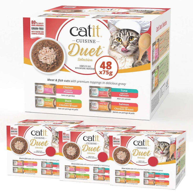 Catit Cuisine Duet, Variety Pack, Grain Free Wet Cat Food for Adult Cats, High Meat Tinned Cat Food in Gravy 4 x 12 Pack