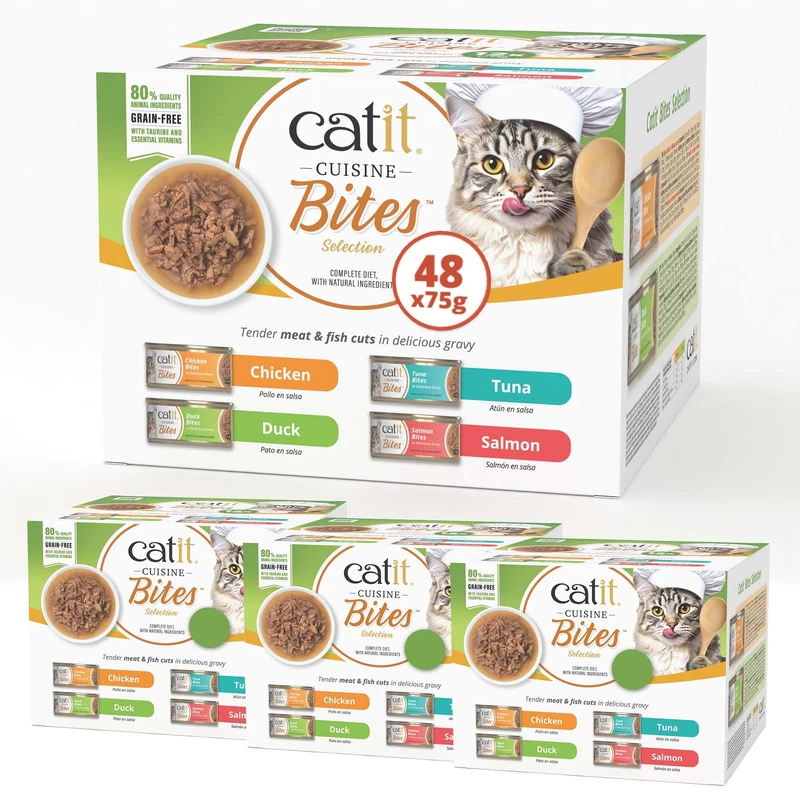 Catit Cuisine Bites, Variety Pack in Gravy, Grain Free Wet Cat Food for Adult Cats, High Meat Tinned Cat Food in Gravy 4 x 12 Pack