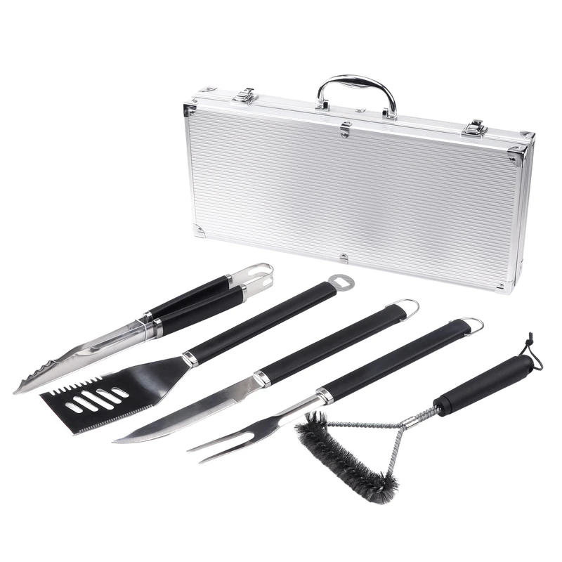 Amig - 5-Piece BBQ Accessory Case - Stainless Steel - Complete Utensil Set with Case - Practical Accessories and Careful Presentation for Gift - Mod. AM01