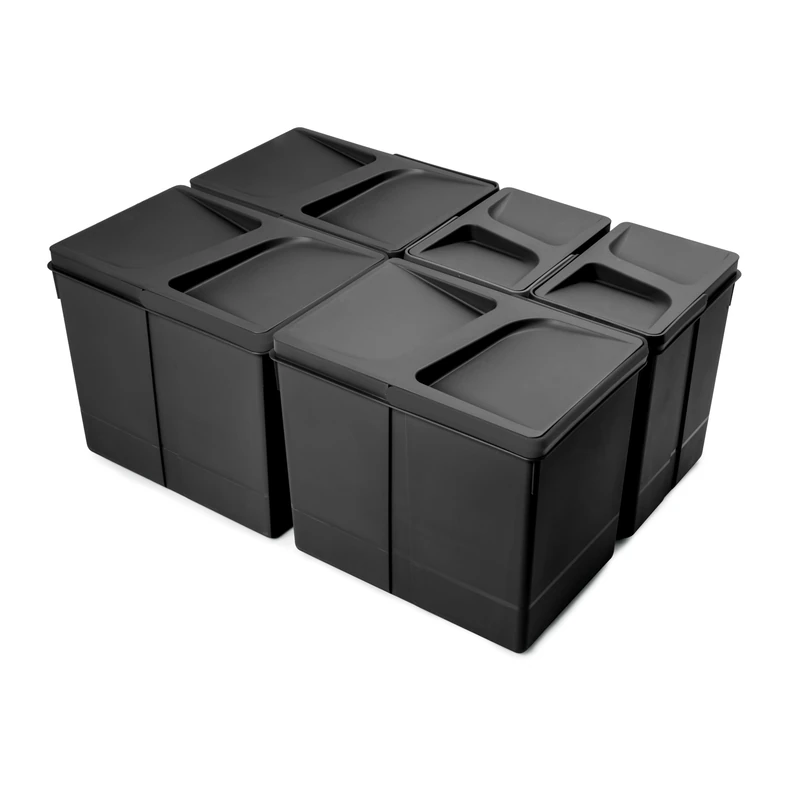 Emuca - Containers for kitchen drawers, waste sorting cut-out base, H 266 mm (10,4 inch), 3 x 15 L + 2 x 7 L, Black Plastic - Image 1
