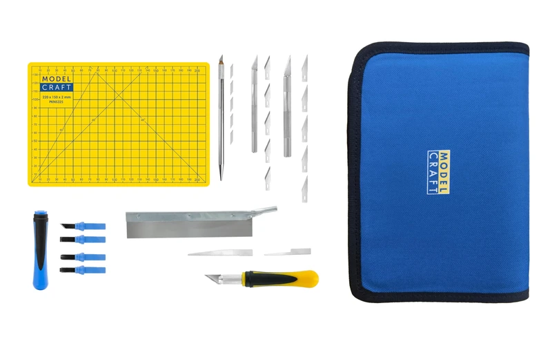 Modelcraft Precision Knife and Chisel Set, 26-Piece, with Saw Blades, Craft Knives, Chisels, Self-Healing Cutting Mat & Zip Case