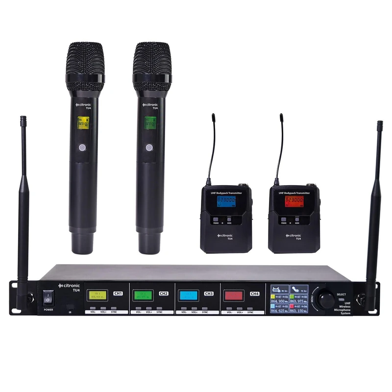 Citronic | TU4 Quad UHF Wireless Microphone System PLL Tuneable – 2 Handheld Mics + 2 Bodypack Headset & Lavalier Set for Karaoke, Stage, PA, Singing & Events