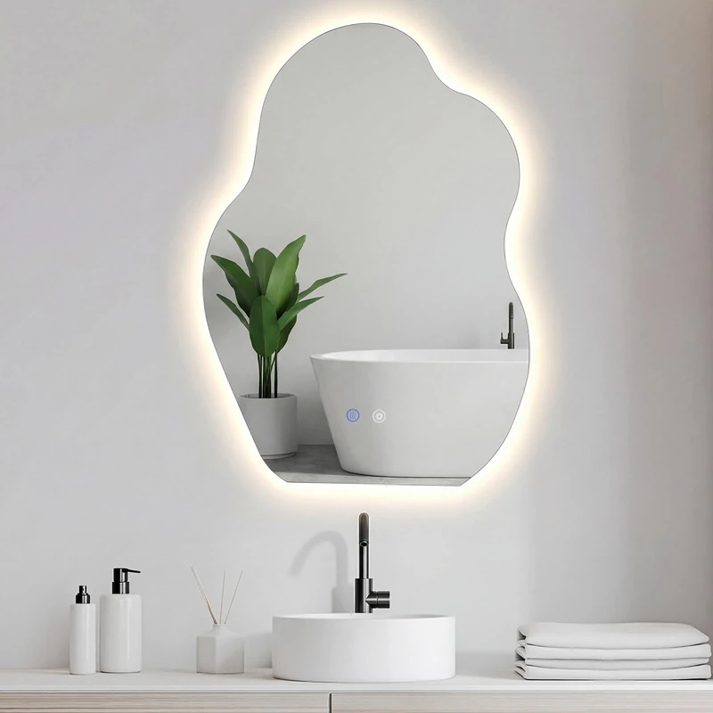 RELAX4LIFE Irregular Bathroom Mirror, Illuminated Asymmetrical Makeup Mirror with LED Lights, 3 Colors Dimmable & Memory Function, Anti-Fog Wall Mounted Vanity Mirror