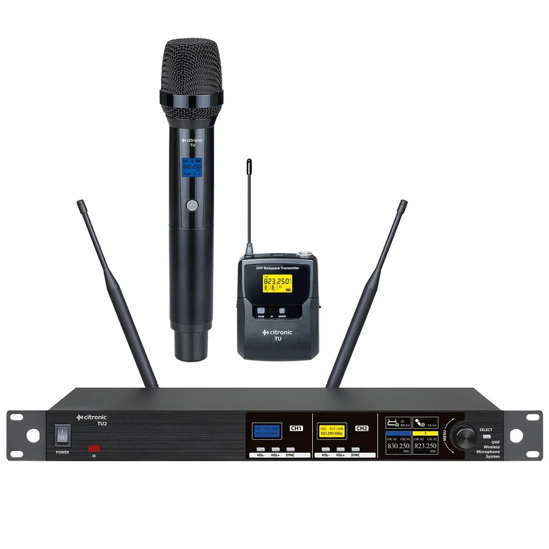 Citronic | TU2 Dual UHF Wireless Microphone System PLL Tuneable 1 Handheld Mic + 1 Bodypack Headset & Lavalier Set for Karaoke, PA, Singing & Events