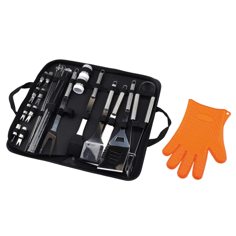 Amig - 28-Piece Barbecue Accessory Kit - 39 x 19 x 6 cm - Stainless Steel - Complete Utensil Set - Practical Accessories and Careful Presentation for Gifting - Mod. AM18