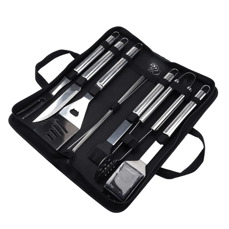 Amig - 10-Piece BBQ Accessory Kit - Stainless Steel - Complete Utensil Set - Practical Accessories and Careful Presentation for Gift - Mod. AM03