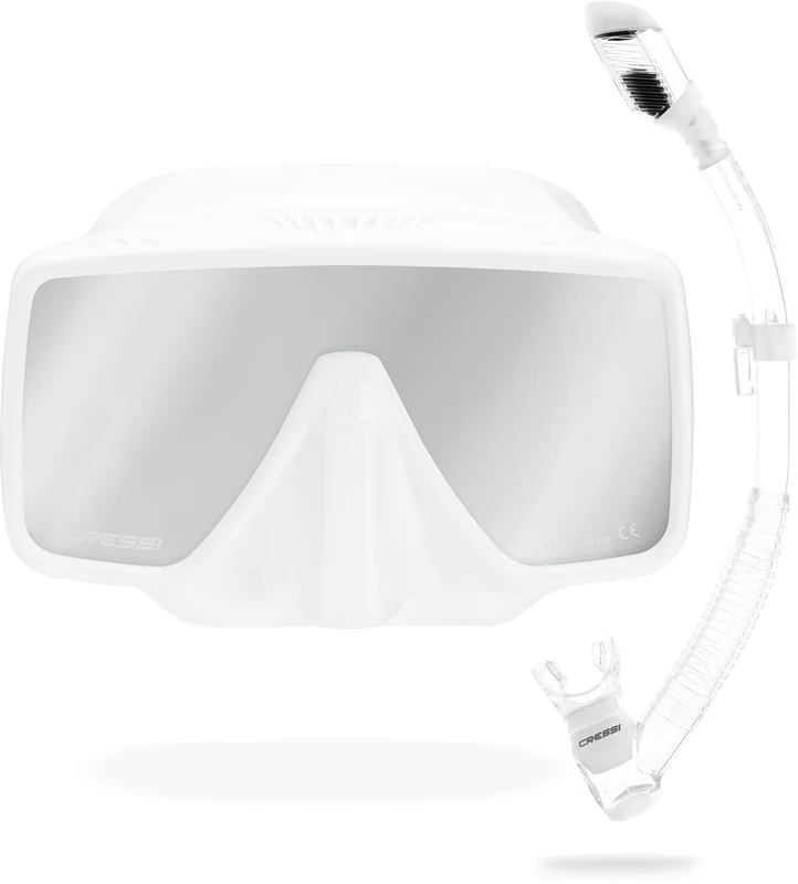 Cressi since 1946 - SF1 & Dry Combo - Set Square Frameless Mask with Tempered Lens + Dry Snorkel ideal for Freediving and Snorkelling-White/White_Spectra Mirrored Lenses Silver-One Size Unisex