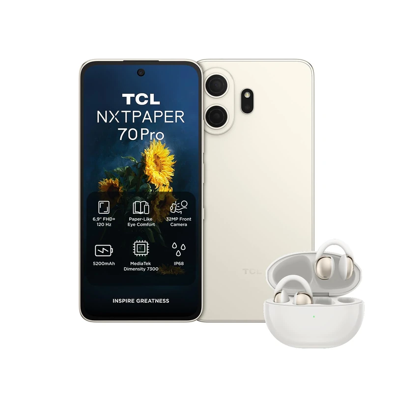 Bundle of TCL NXTPAPER 70 Pro 5G Android Smartphone,NXTPAPER 4.0,Natural Light Display,512GB+8GB,AI-boosted Productivity,Nebula Gold + TCL CrystalClip Clip Up to 36 Hours Playback Moon White