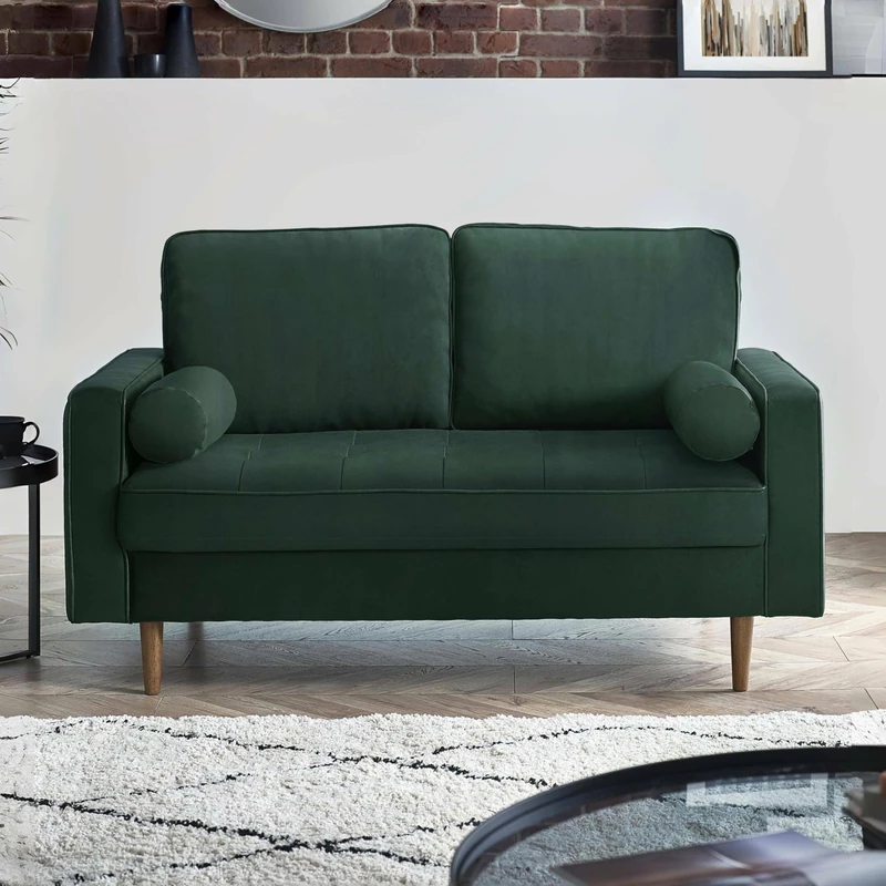 Julian Bowen Henley 2 Seater Sofa - Green Couch in Green Velvet Effect with Brown Legs, Loveseat Settee for Living Room, Compact for Small Spaces & Living Rooms - W152 x D89cm