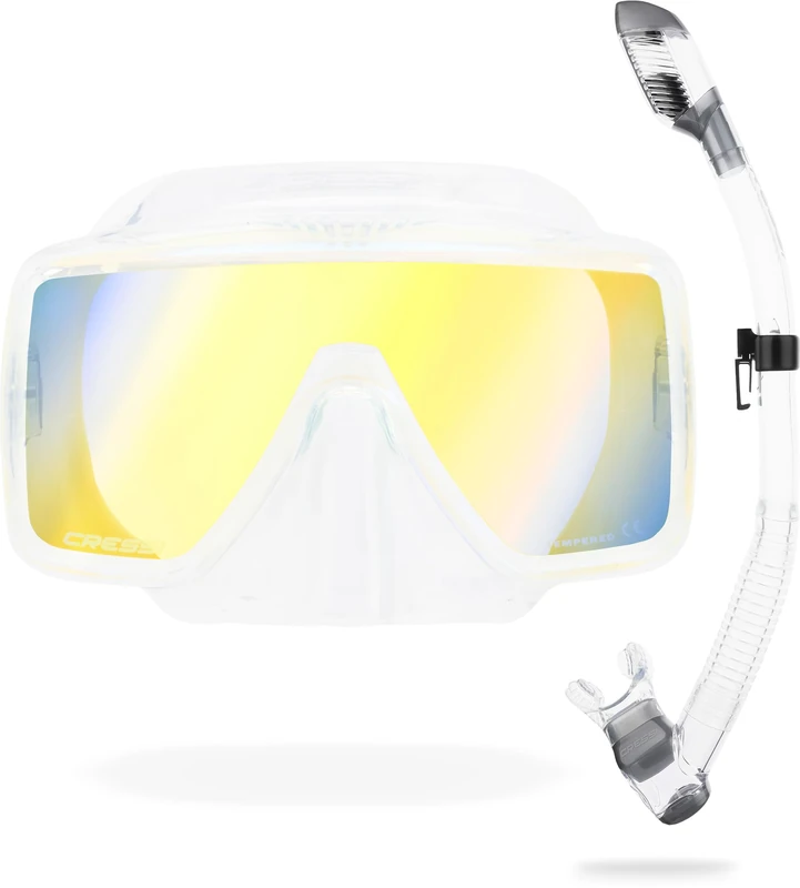 Cressi since 1946 - SF1 & Dry Combo - Set Square Frameless Mask with Tempered Lens + Dry Snorkel ideal for Freediving and Snorkelling-Clear/Silver_380 UV Yellow/Blue Lens-One Size Unisex