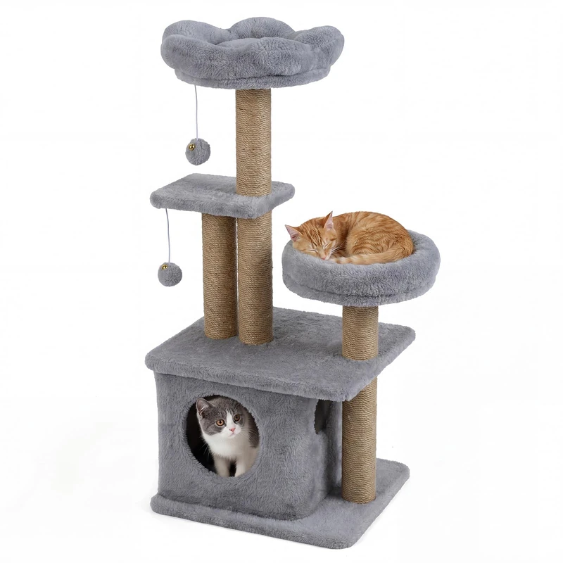 FANTASK 96 cm Cat Scratching Post with Cat Cave, Platform, Cat Bed, 2 Play Balls & Jute Posts, Sturdy Climbing Tree for Cats (Grey)