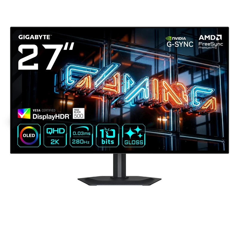 Gigabyte MO27Q28GR 27” Glossy WOLED QHD Gaming Monitor - 2560 x 1440, 280Hz, 0.03ms, 335 cd/m², Display HDR True Black 500, HDMI 2.1, Displayport 1.4