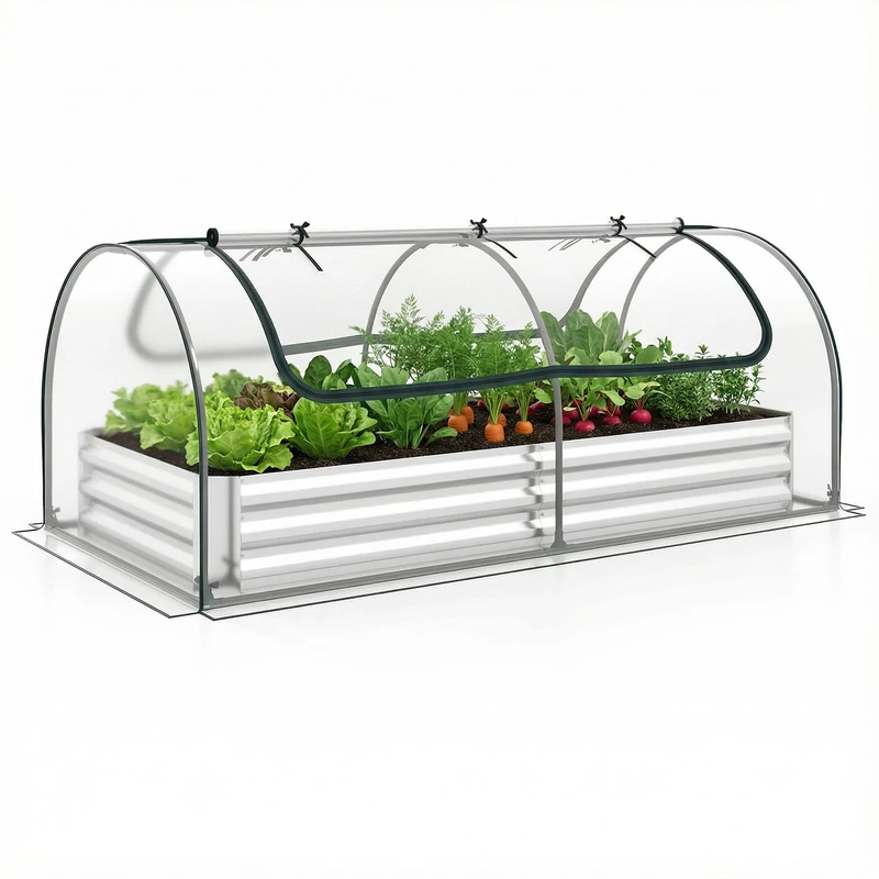 FANTASK 3-in-1 Greenhouse with Raised Bed, Foil Greenhouse with PVC Film & 2 Windows, Rectangular Flower Bed, Metal Planter, Tomato House for Garden, Patio & Balcony, 202 x 101 x 81 cm - Image 1