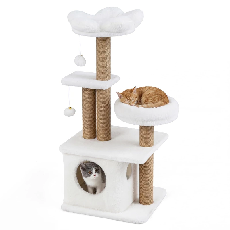 FANTASK 96 cm Cat Scratching Post with Cat Cave, Platform, Cat Bed, 2 Play Balls & Jute Posts, Sturdy Climbing Tree for Cats (Beige)
