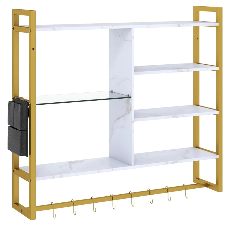GiantexUK Floating Pipe Shelving, Wall Mounted Shelves with Side Pocket & 8 S-Hooks, Hanging Storage Display Rack for Kitchen Bar Living Gaming Room (Gold+White)