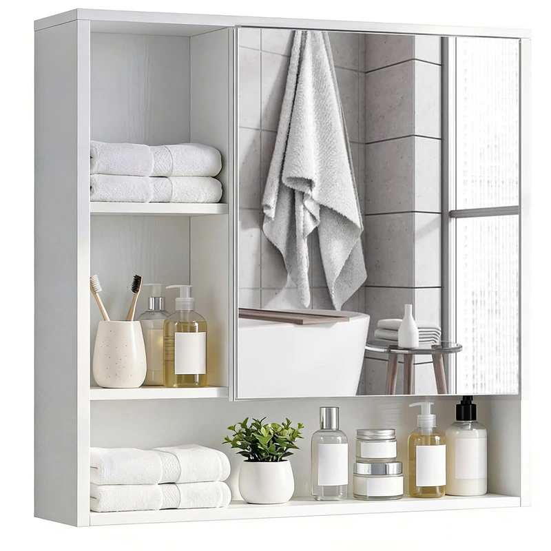 RELAX4LIFE Wall Mounted Bathroom Mirror Cabinet, Wooden Bathroom Storage Cupboard with Door and Open Shelves, Hanging Organizer Unit for Living Room Kitchen Laundry (White)