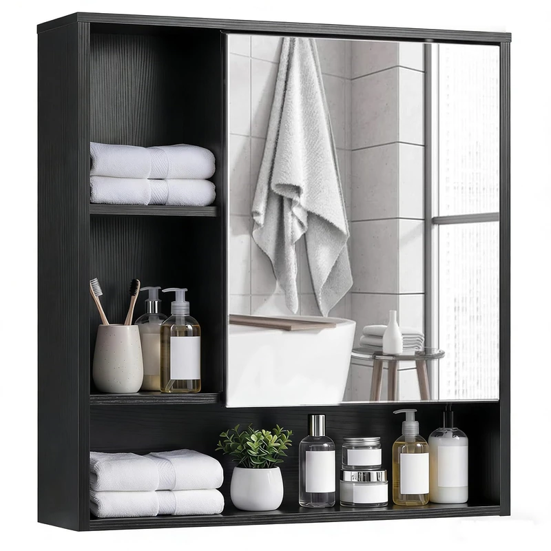 RELAX4LIFE Wall Mounted Bathroom Mirror Cabinet, Wooden Bathroom Storage Cupboard with Door and Open Shelves, Hanging Organizer Unit for Living Room Kitchen Laundry (Black)