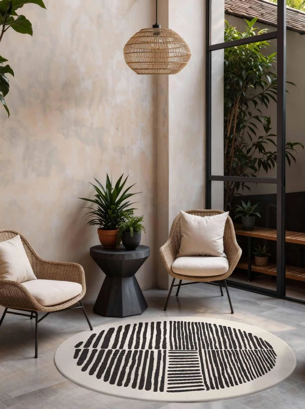 Ted Baker Flat Weave Bounds Round Rug Reversible Rug Suitable for Outdoor Use Easy-Care Living Room Rug Modern Striped Pattern for Living Room, Patio, Dining Room, Balcony - Black White, Diameter 160 - Image 1