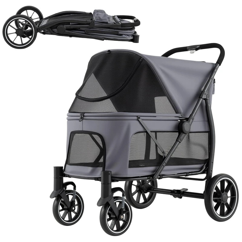 GYMAX Folding Dog Stroller, Portable Pet Travel Pushchair with Adjustable Canopy, Storage Pockets & Safety Belt, 4 Wheel Pet Travel Carrier for Medium and Large Dogs (Grey)