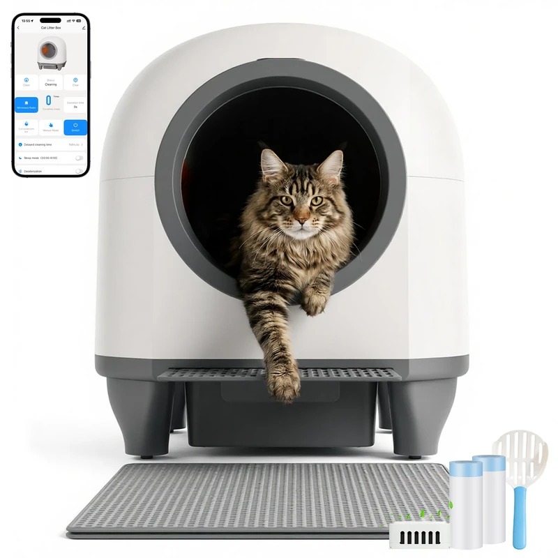 JUMMICO Self Cleaning Litter Box, Anti Pinch Self Cleaning Cat Litter Tray, 90L Capacity, 6 Sensors, Odour Eliminator, APP Control, Automatic Litter Box for Multiple Cats
