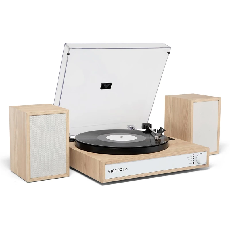 Victrola Harmony – Bluetooth Turntable System– 3-Speed Vinyl Record Player, Stereo Bookshelf Speakers, Mid-Century Modern Design, Audio Technica ATN3600L, Bluetooth Input and Output (Natural)