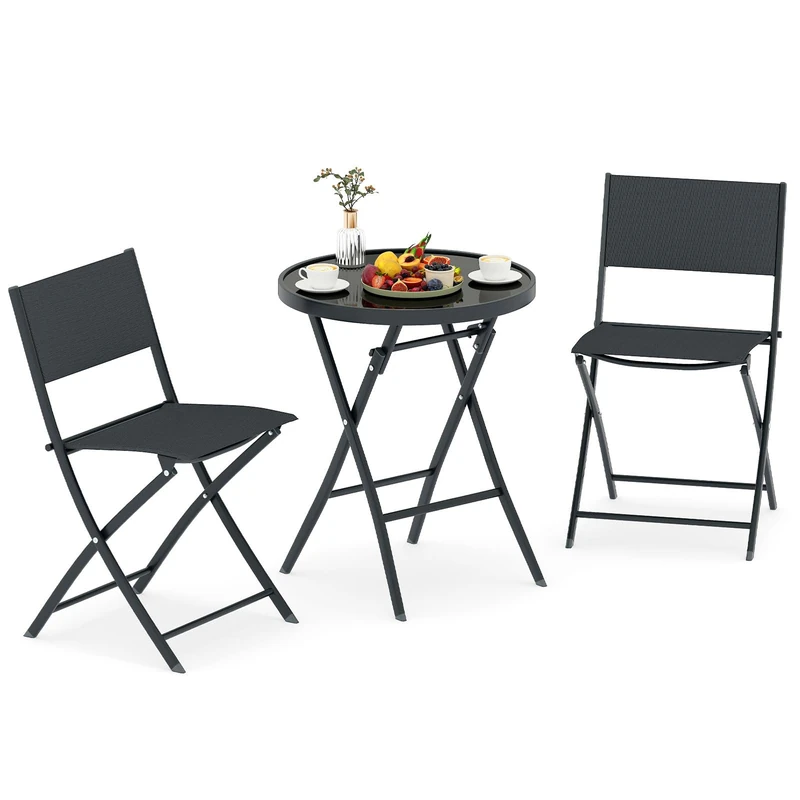 GiantexUK 3PCS Garden Bistro Set, Tempered Glass Round Patio Table and 2 Fabric Chairs, Folding Outdoor Dining Furniture Set for Patio Balcony Poolside