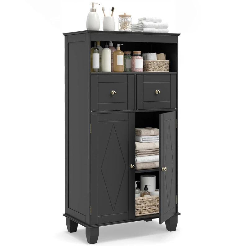 RELAX4LIFE Floor Bathroom Cabinet, 108 x 56cm High Freestanding Storage Cupboard with Double Doors, Adjustable Shelf and 2 Drawers, Wooden Floor Cabinet Storage Unit Furniture (Black)
