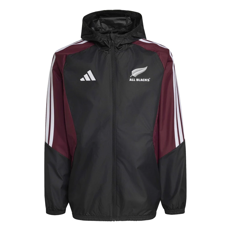 adidas Men's All Blacks All Weather Coat, ALL BLACK/maroon/white, L