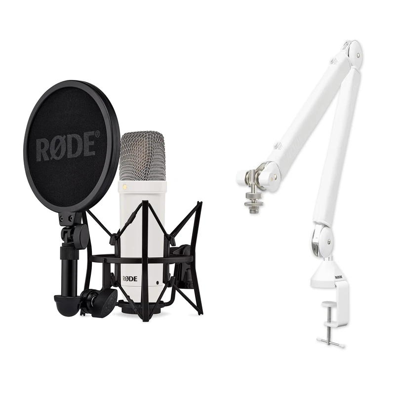RØDE NT1 Signature Series Condenser Microphone + PSA1+ Studio Arm Bundle – Professional Recording Kit for Vocals, Streaming & Podcasting (White)