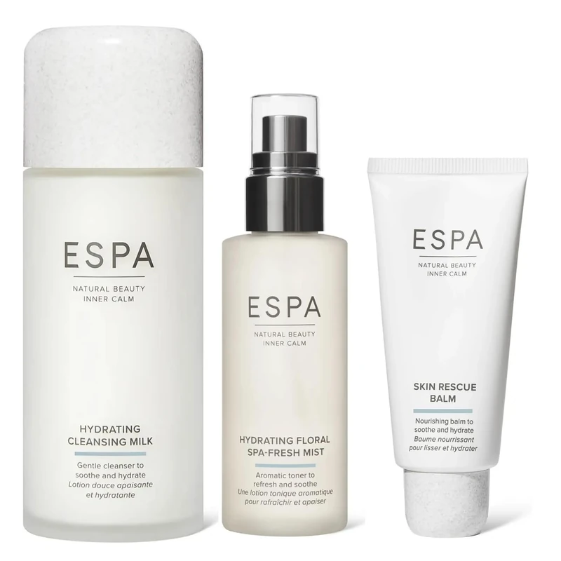 ESPA Hydrate & Soothe Skincare Trio | Cleansing Milk, Floral Spa-Fresh Mist & Skin Rescue Balm | Soothing, Nourishing & Moisture-Boosting Daily Face Care Set