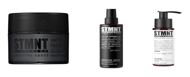STMNT STATEMENT GROOMING GOODS Grooming Spray 200ml + Matte Paste 100ml + Charcoal Shampoo 80ml – Light Hold, Matte Finish & Deep Cleansing - Image 1