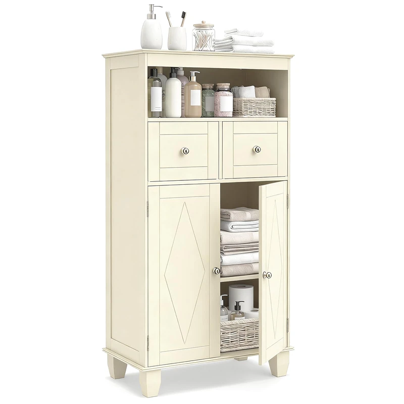 RELAX4LIFE Floor Bathroom Cabinet, 108 x 56cm High Freestanding Storage Cupboard with Double Doors, Adjustable Shelf and 2 Drawers, Wooden Floor Cabinet Storage Unit Furniture (Beige) - Image 1